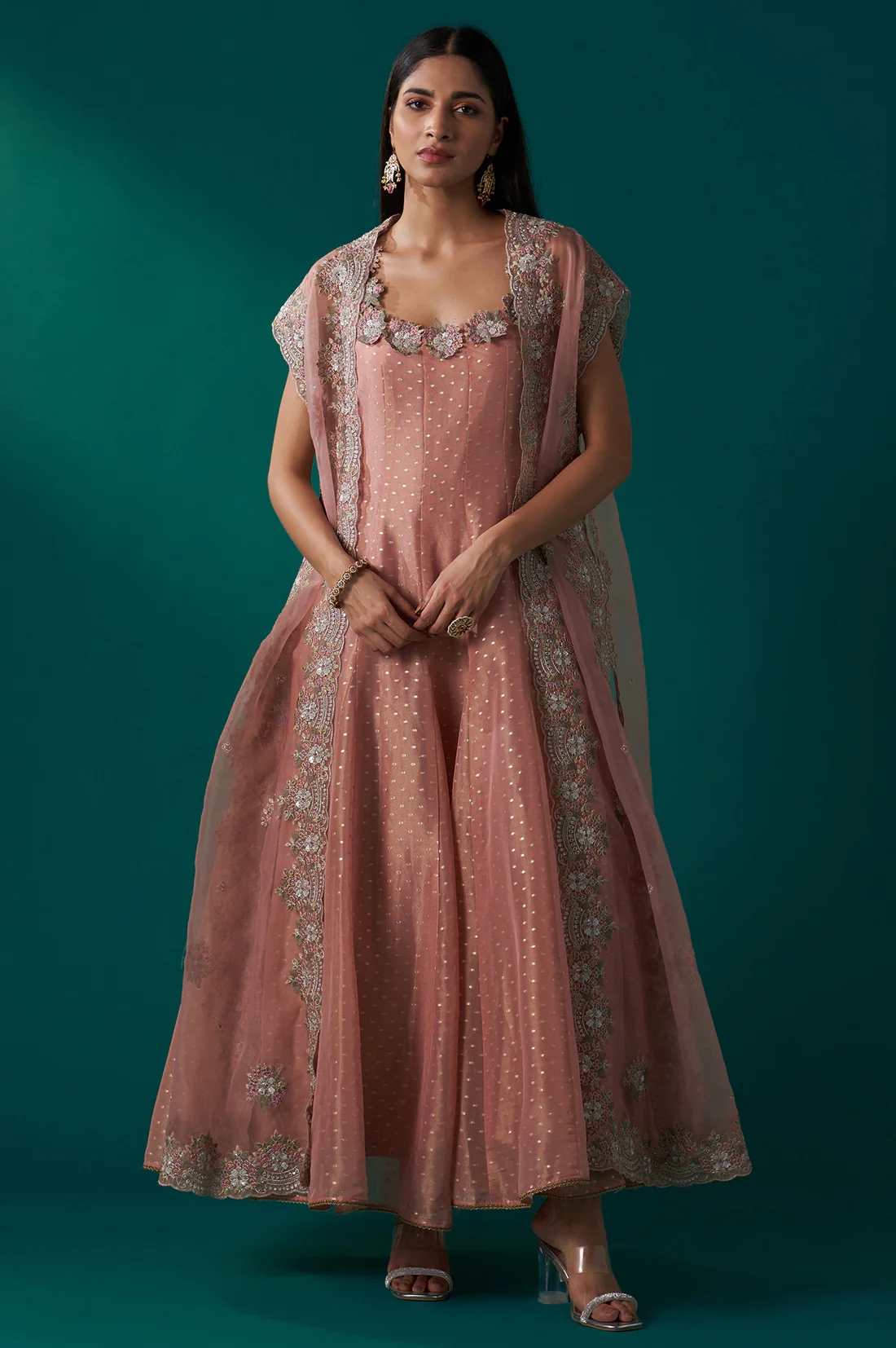 Peach Heavy Embroidered Tissue Cape and Anarkali